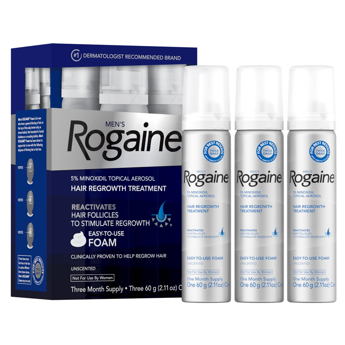 Rogaine Men’s 5% Minoxidil foam on the top scalp for targeted regrowth look.