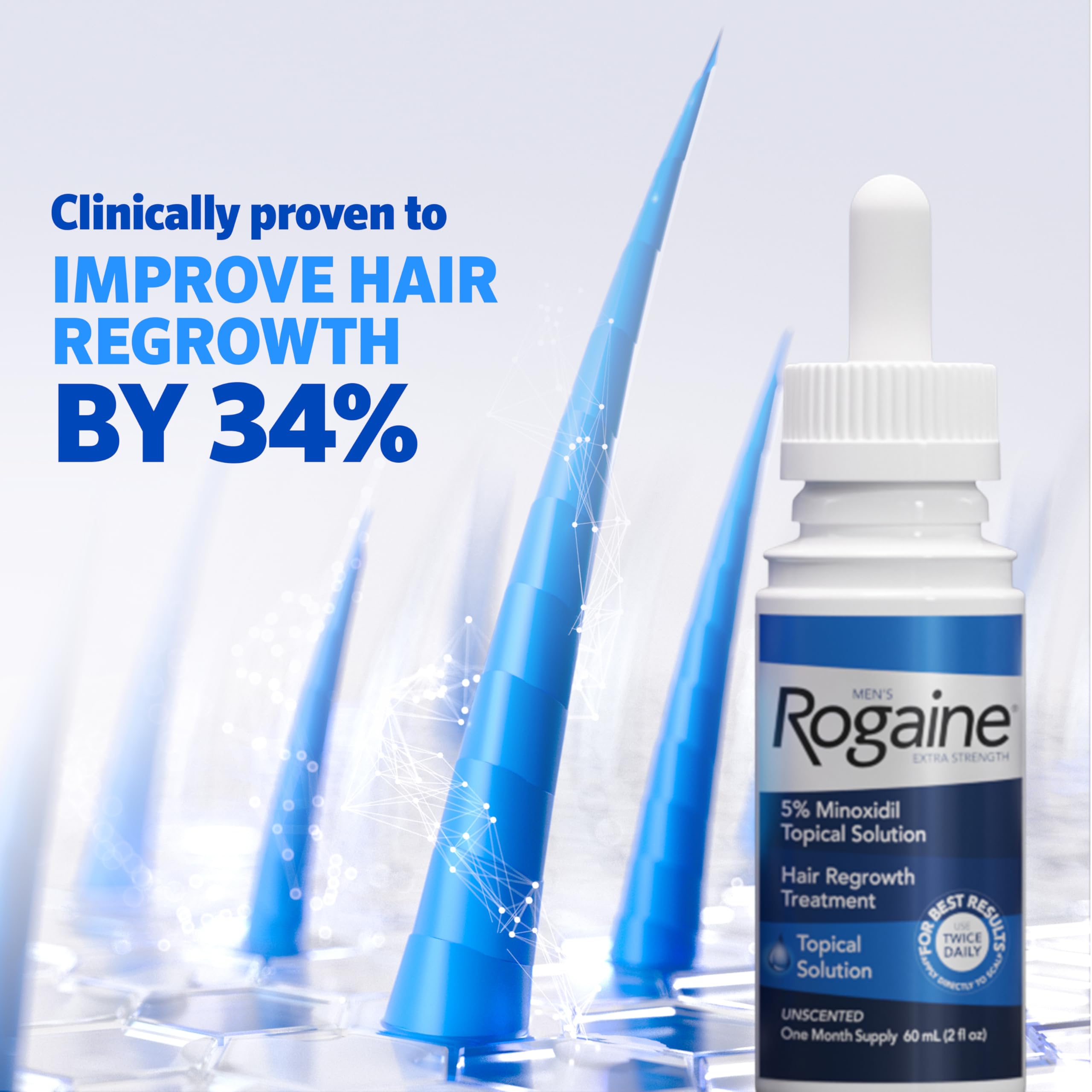 Rogaine Men’s minoxidil drops applied to the scalp targeting thinning areas.