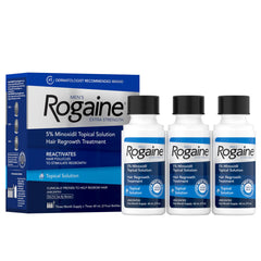 Rogaine Men’s Extra Strength 5% minoxidil bottle 2oz ready for daily scalp application.