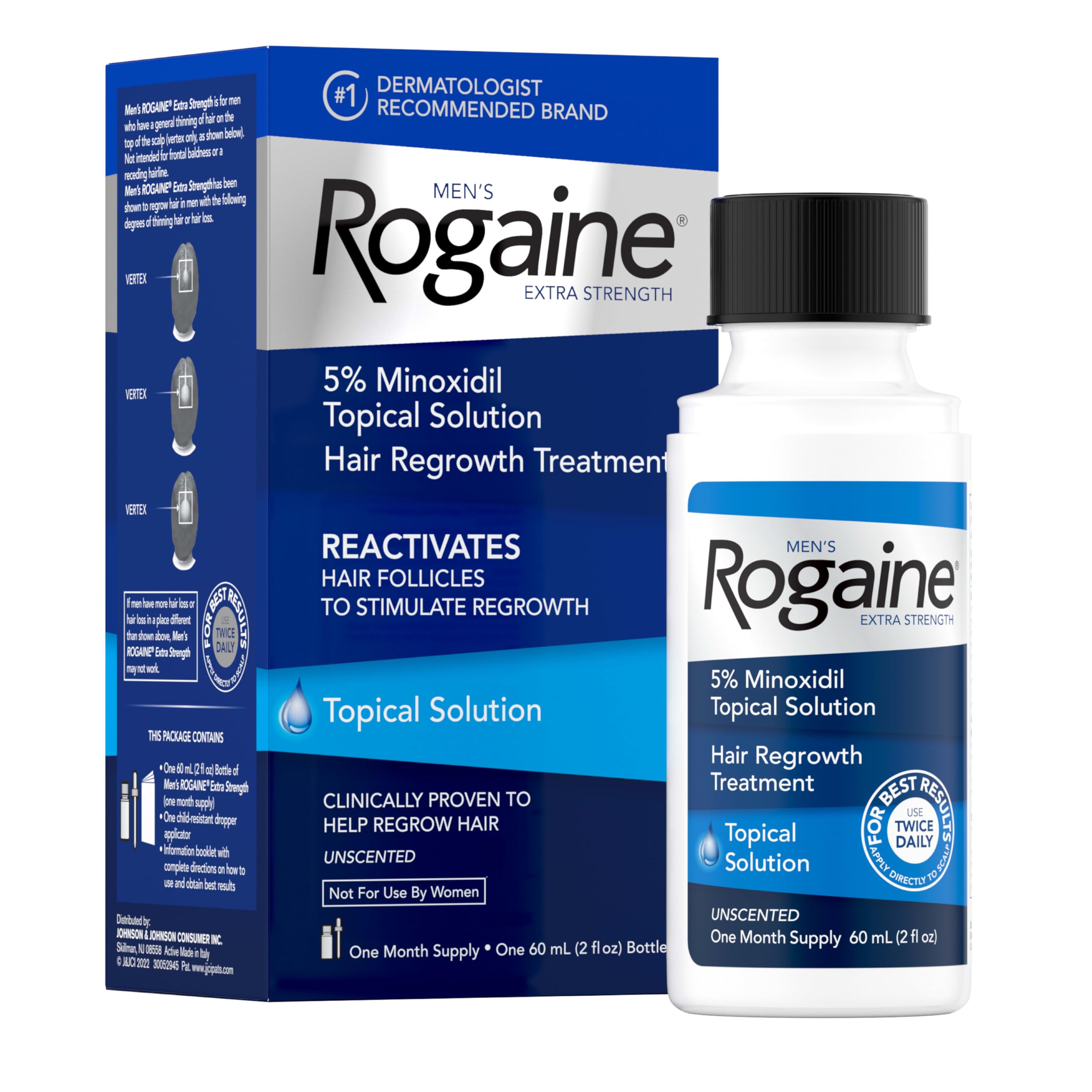 Rogaine men's extra-strength minoxidil bottle ready for daily use to support regrowth.