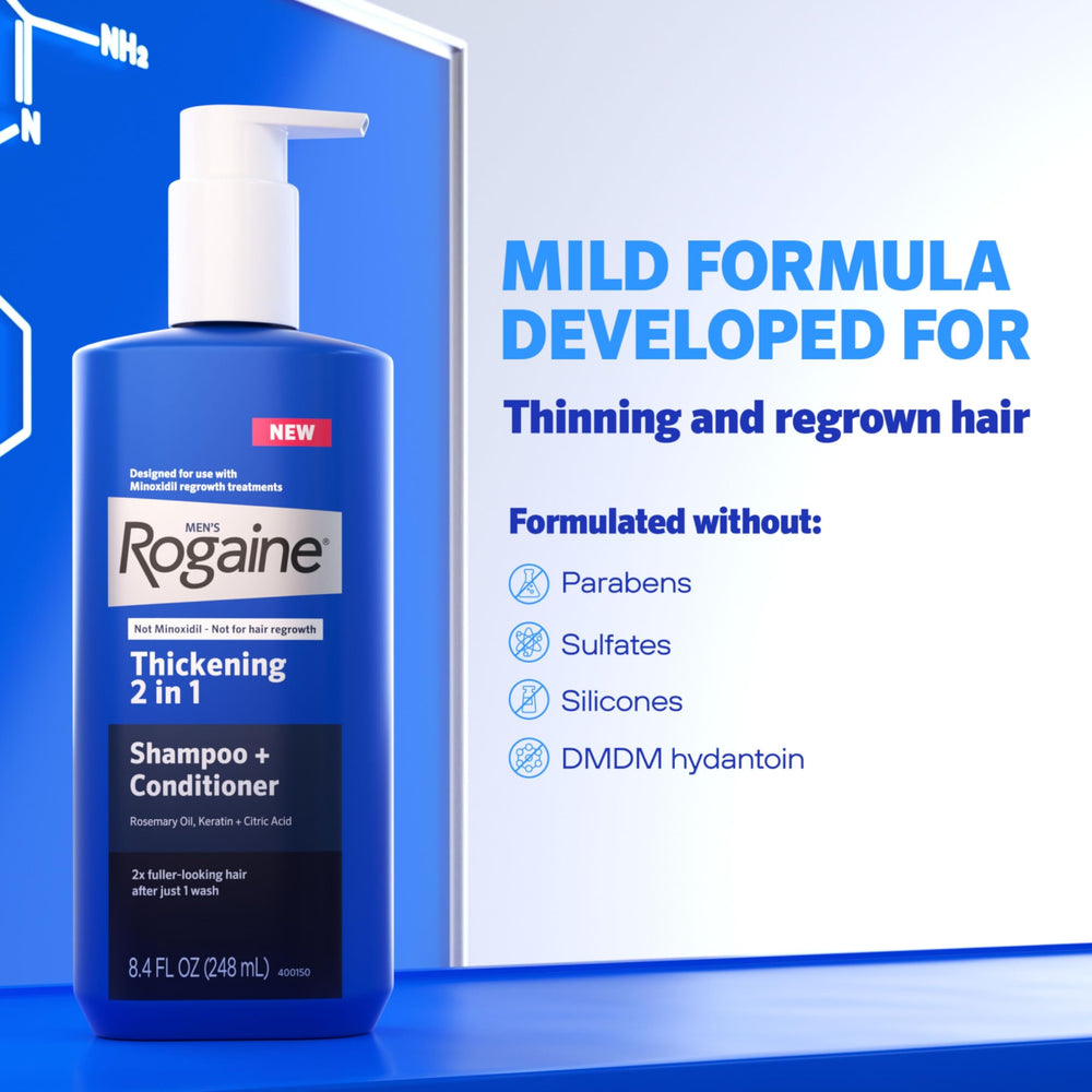 Rogaine packaging display on bathroom counter.