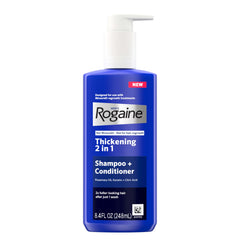 Rogaine Men's Thickening 2-in-1 Shampoo bottle promises visibly thicker hair.