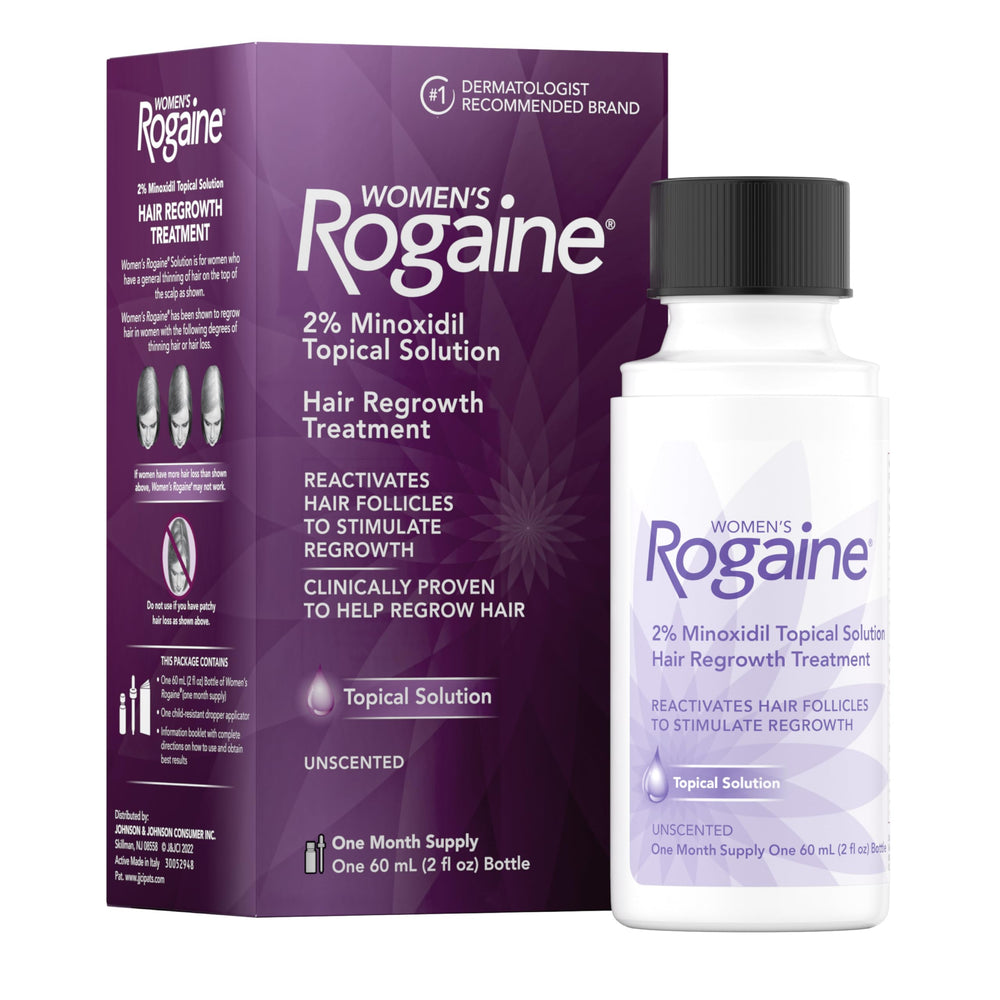 Rogaine Women’s 2% Minoxidil bottle for easy daily scalp application and potential regrowth