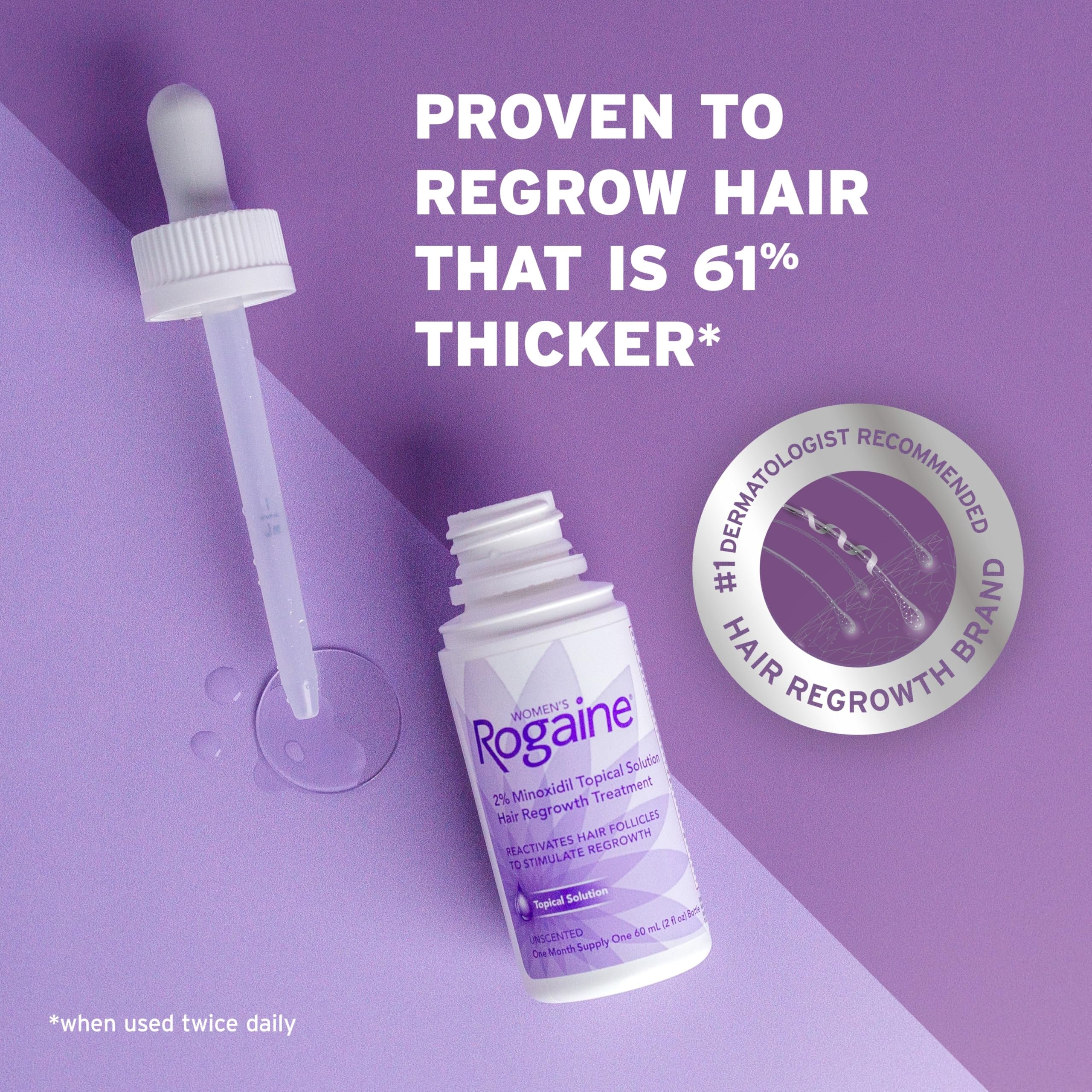 Rogaine Women’s 2% Minoxidil closeup bottle showing unscented formula