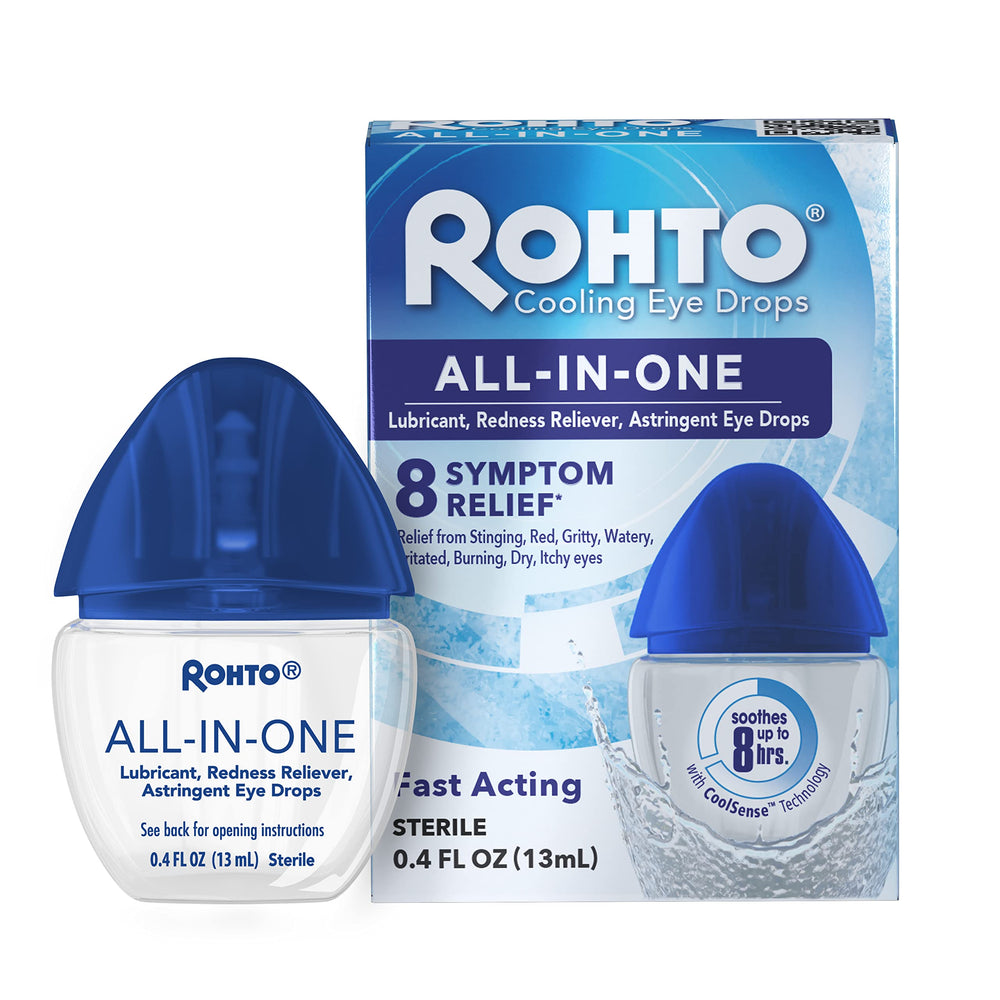 Rohto All-In-One 8-hour relief bottle close-up suggests extended comfort during daily activities.