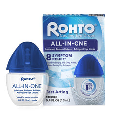 Rohto All-In-One 8-hour relief bottle close-up suggests extended comfort during daily activities.