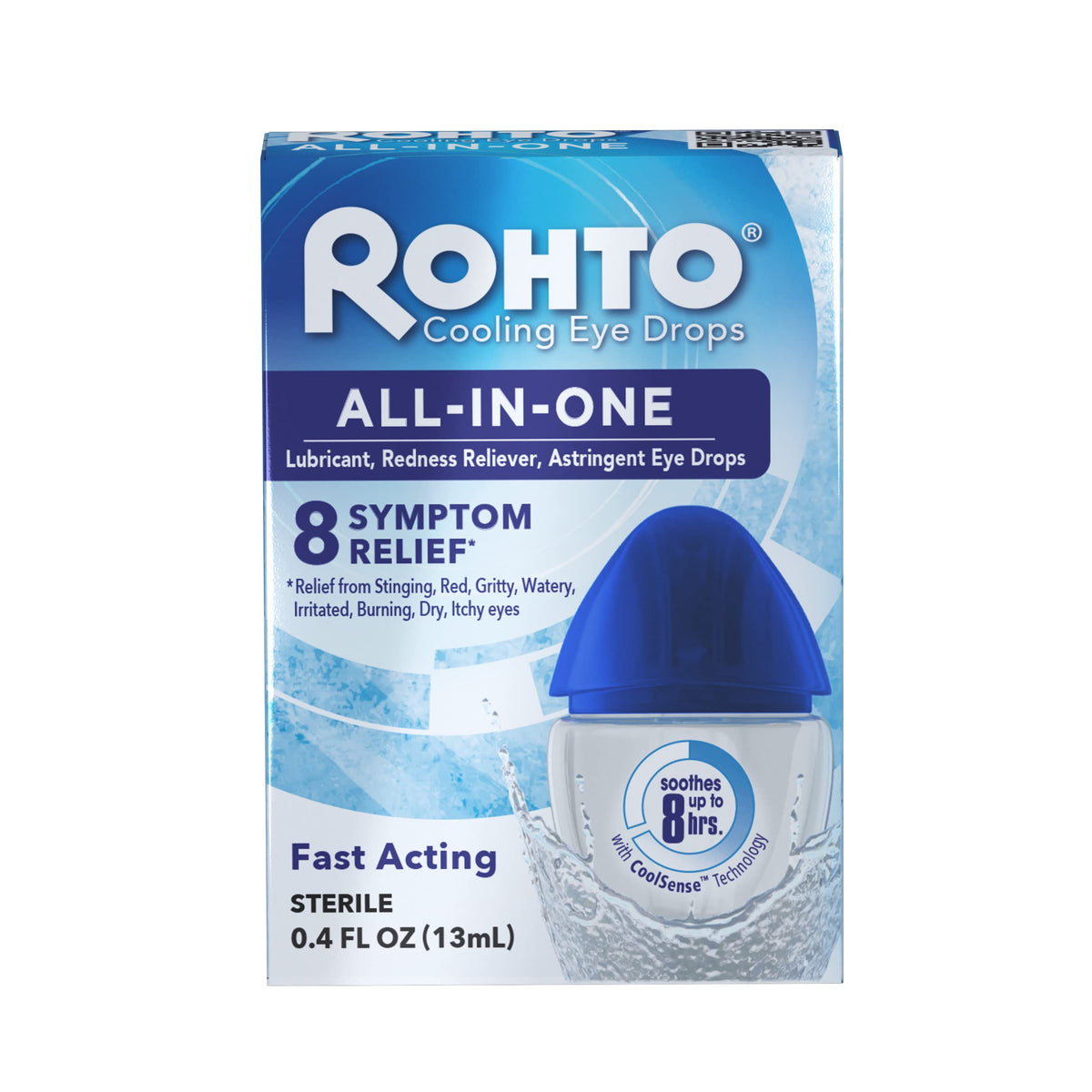 Rohto All-In-One bottle pour shows mess-free, quick dispensing for fast eye relief.