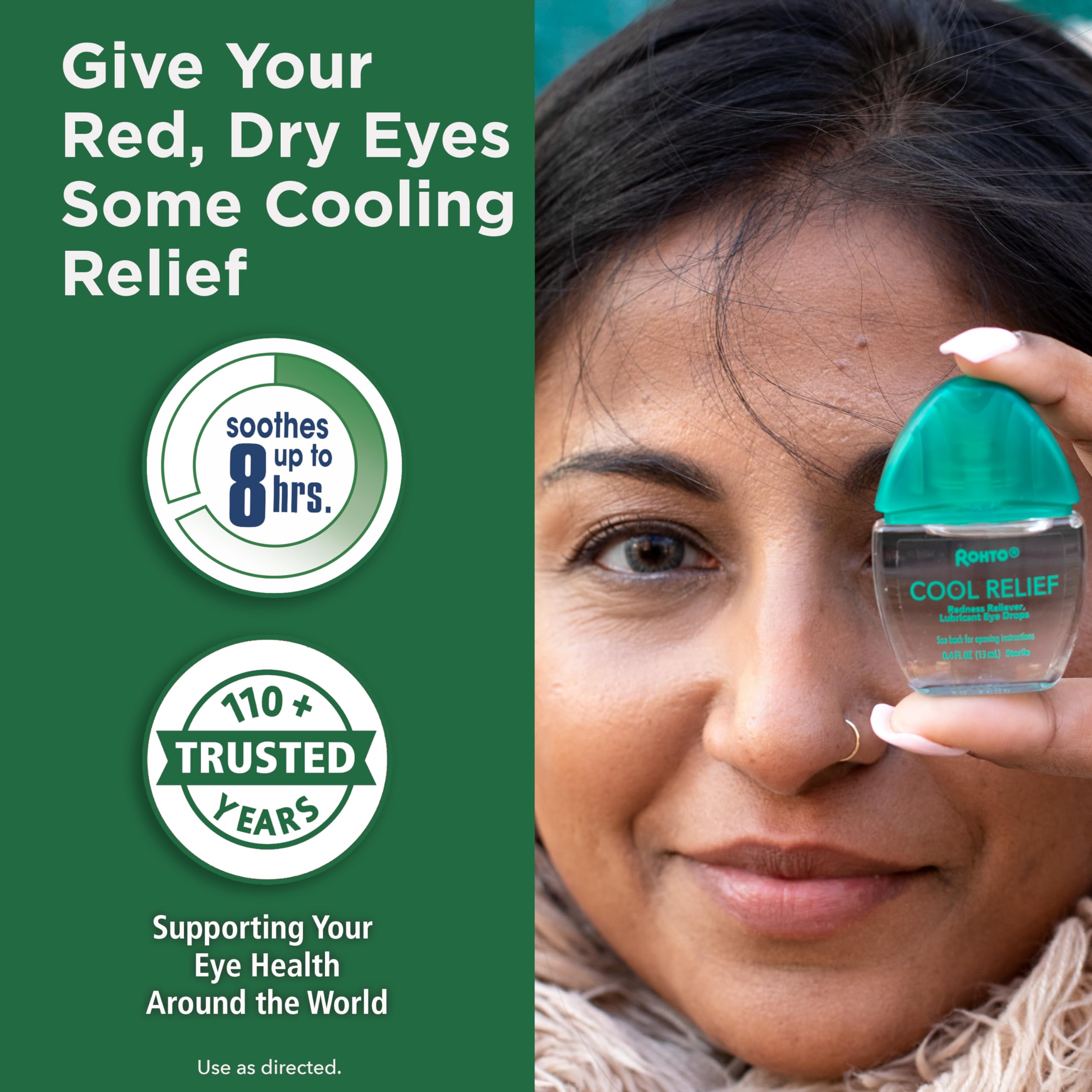 Rohto Cool Relief dropper dispense demonstrates sterile, quick moisture for redness relief.