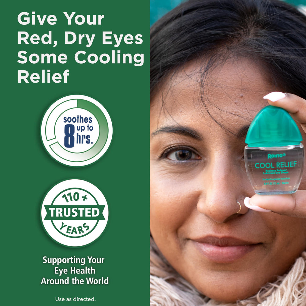 Rohto Cool Relief dropper dispense demonstrates sterile, quick moisture for redness relief.