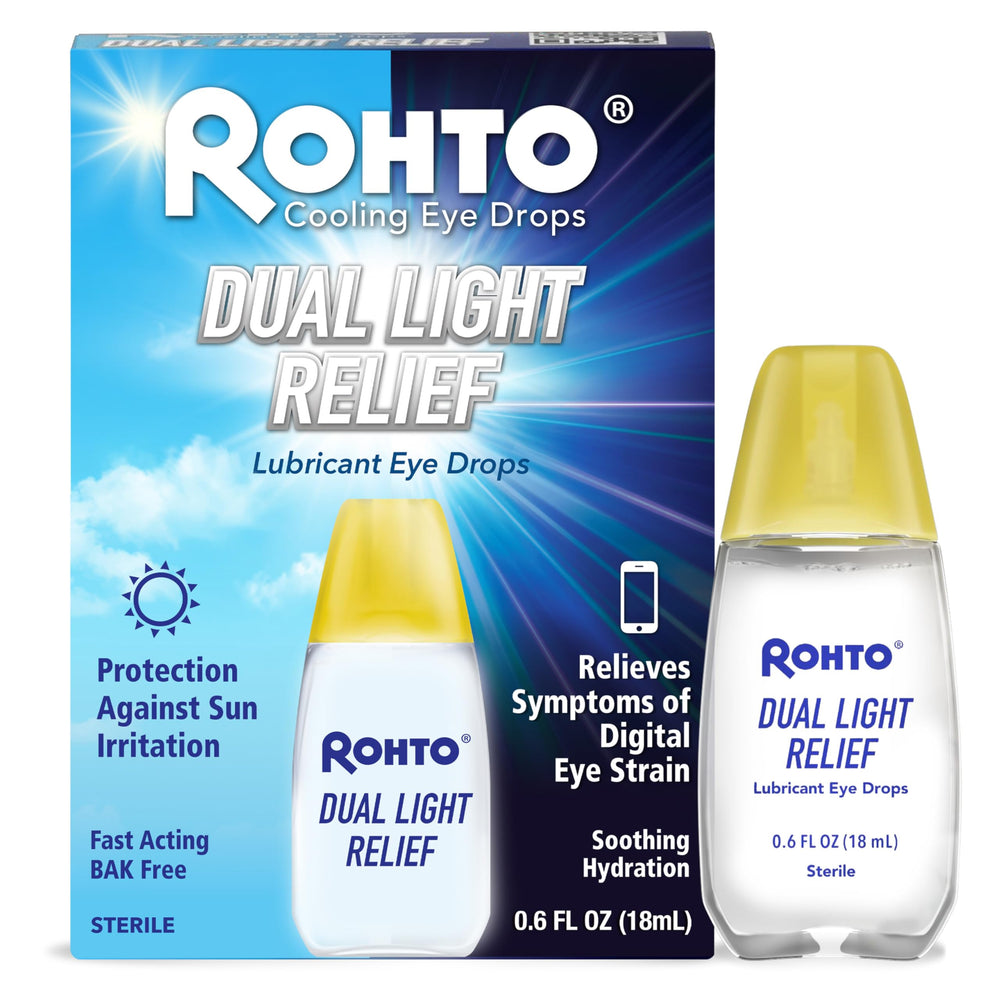 Rohto Dual Light Relief bottle top view for travel-ready eye hydration.