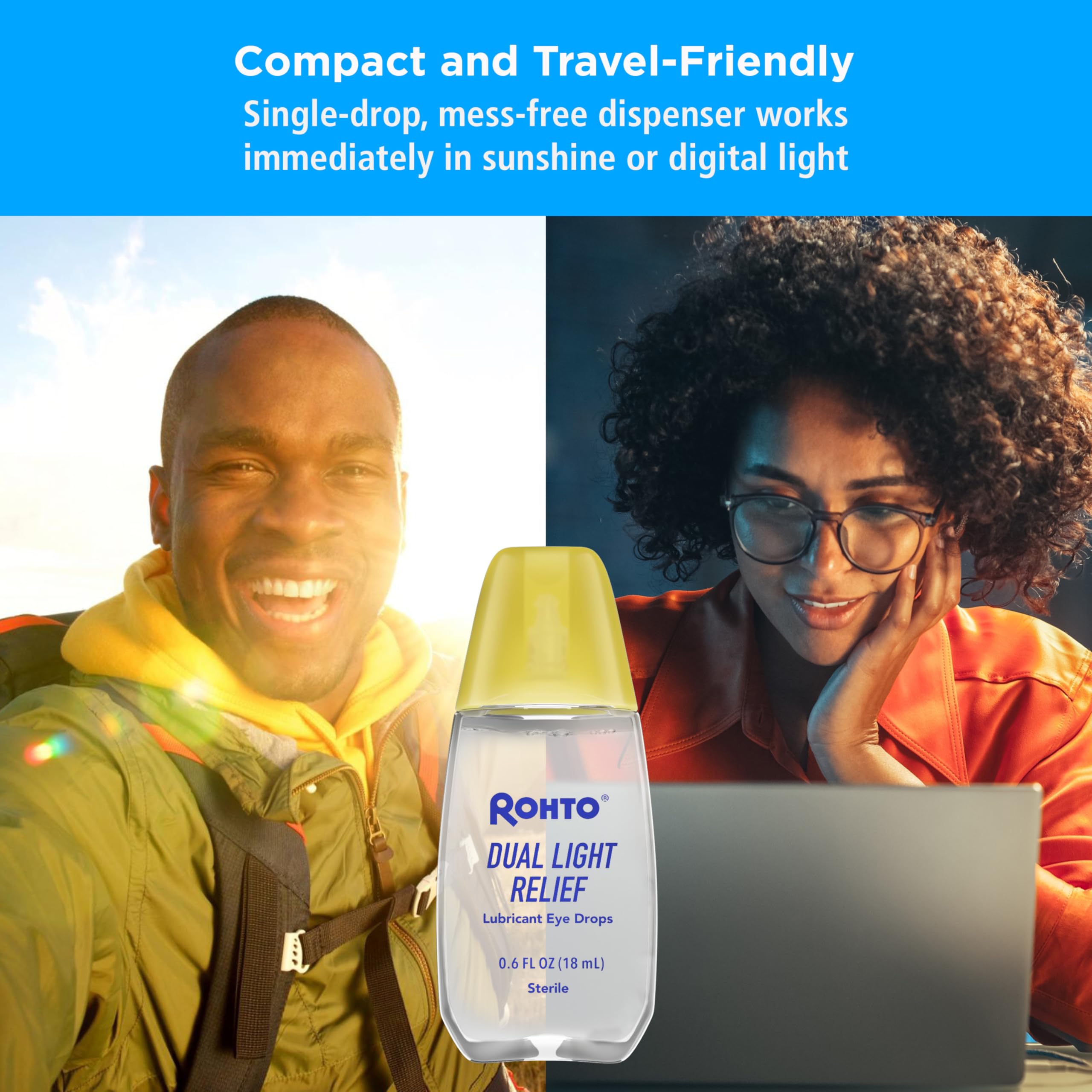 Rohto Dual Light Relief travel bottle beside sunglasses, implying day-to-day protection.