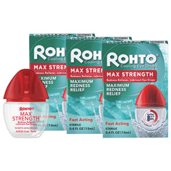 Rohto Max Strength redness-reliever bottle pour delivers quick, cooling relief for irritated eyes.