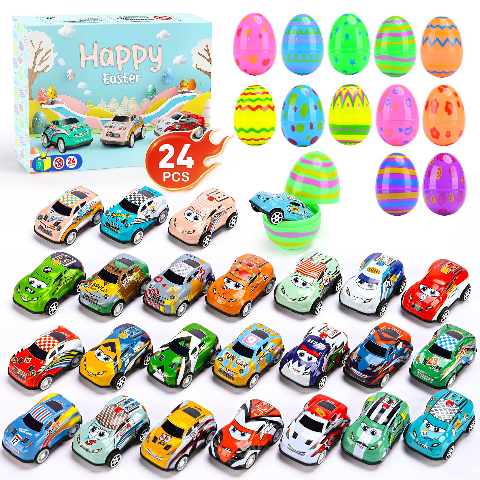 Roicaholy 24-count Easter eggs with pull-back cars for engaging egg hunts