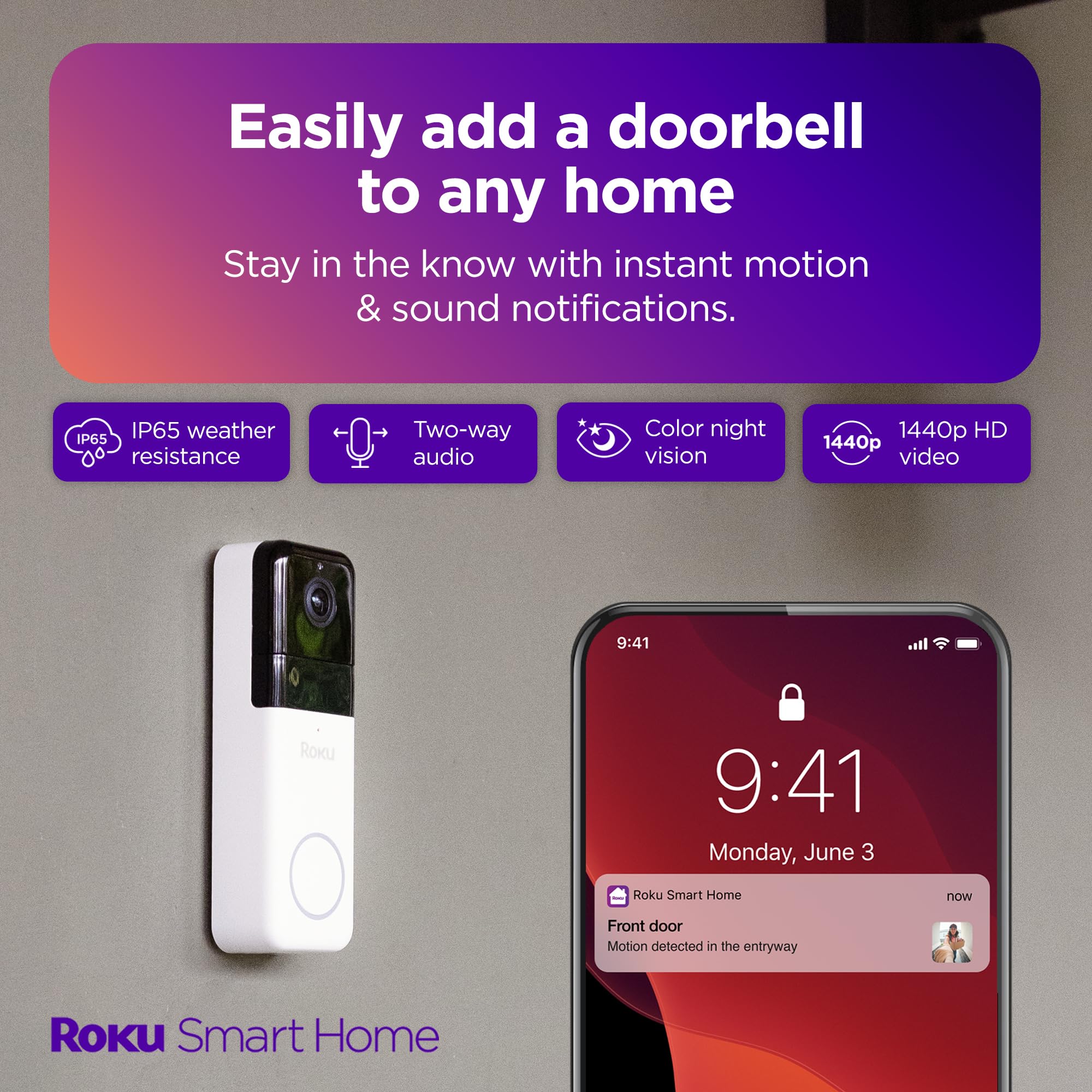 Roku Doorbell 1440p night vision delivering clear footage after dark