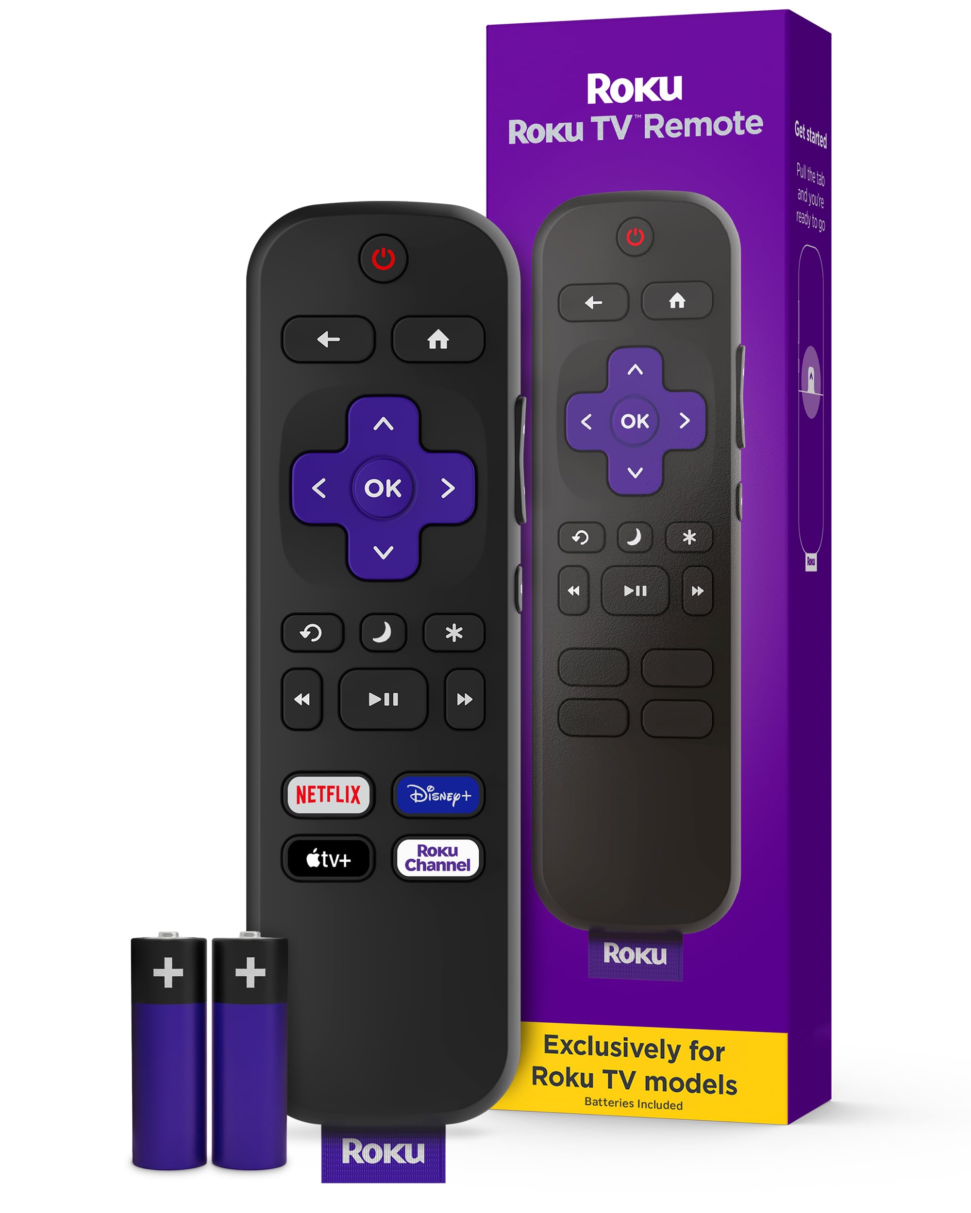 Roku official TV remote front view highlighting simple navigation benefits.