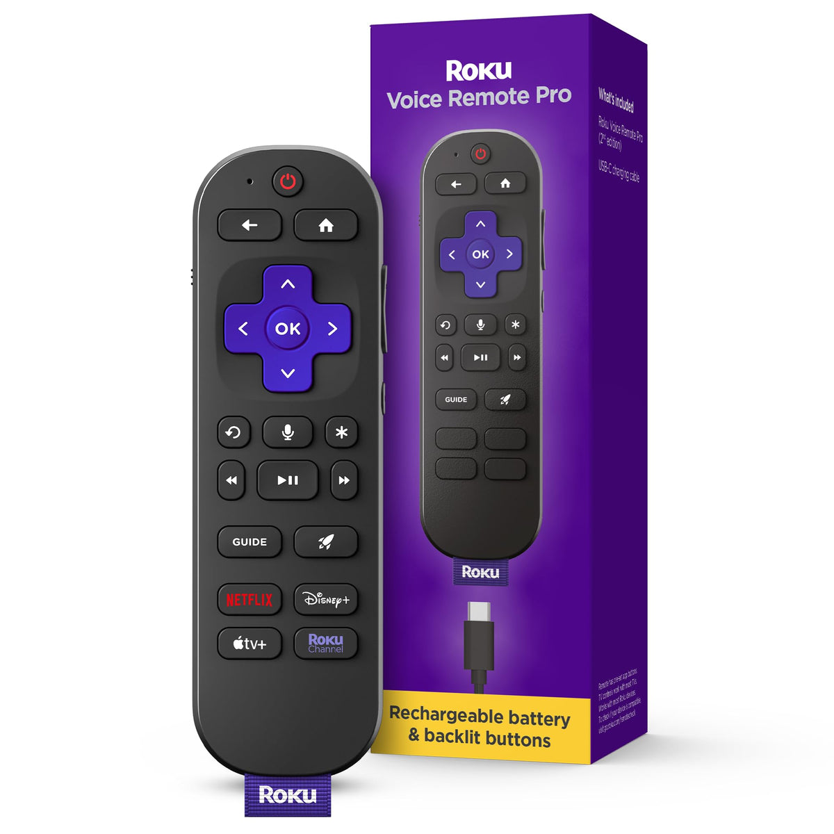 Roku Voice Remote Pro 2nd Edition front view highlights ergonomic design for comfortable use.