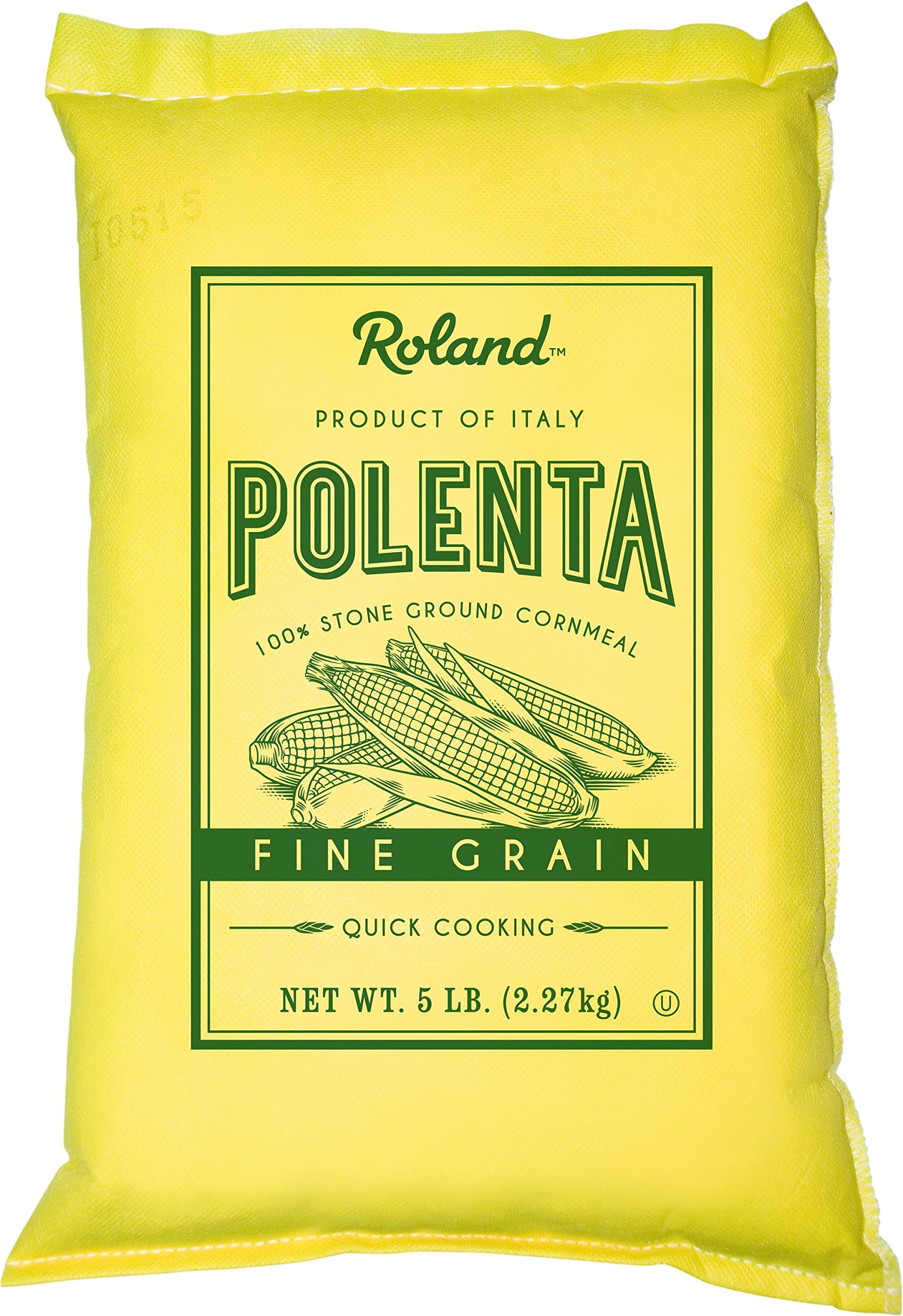 Roland Foods fine yellow polenta pack close-up for quick weeknight meals.