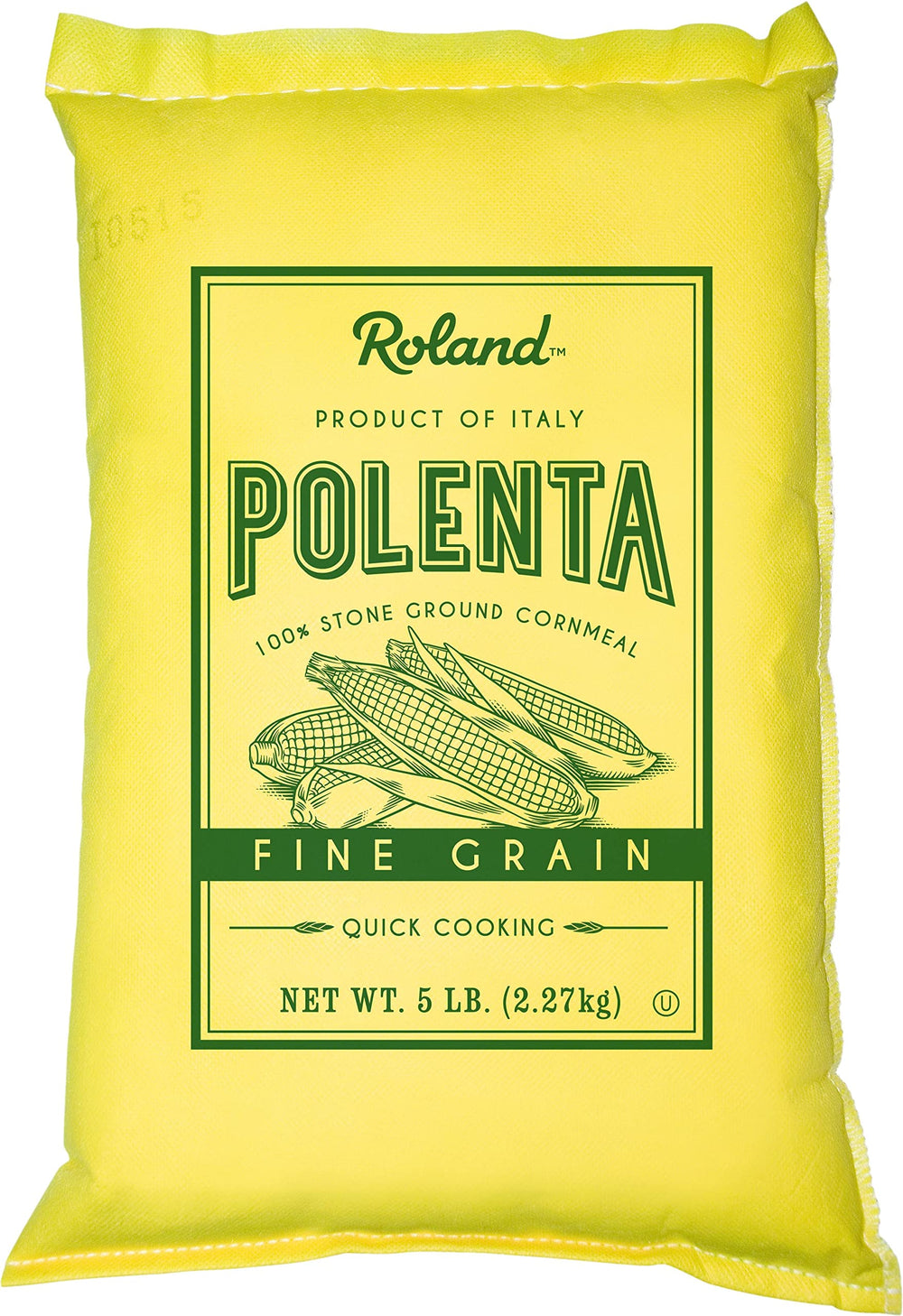 Roland Foods fine yellow polenta pack close-up for quick weeknight meals.