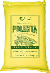 Roland Foods fine yellow polenta pack close-up for quick weeknight meals.