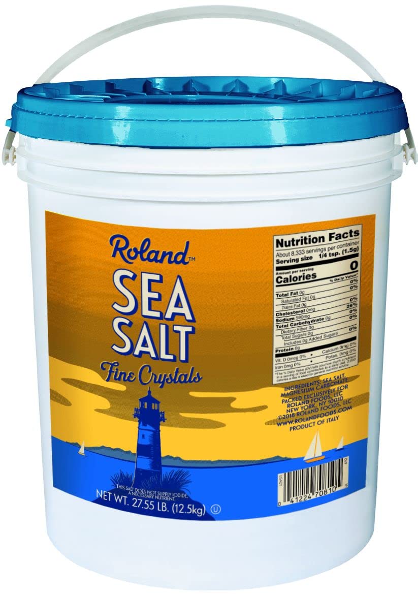 Roland Foods Fine Crystal Sea Salt bucket, ready to season meats and vegetables.