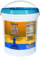Roland Foods Fine Crystal Sea Salt bucket, ready to season meats and vegetables.