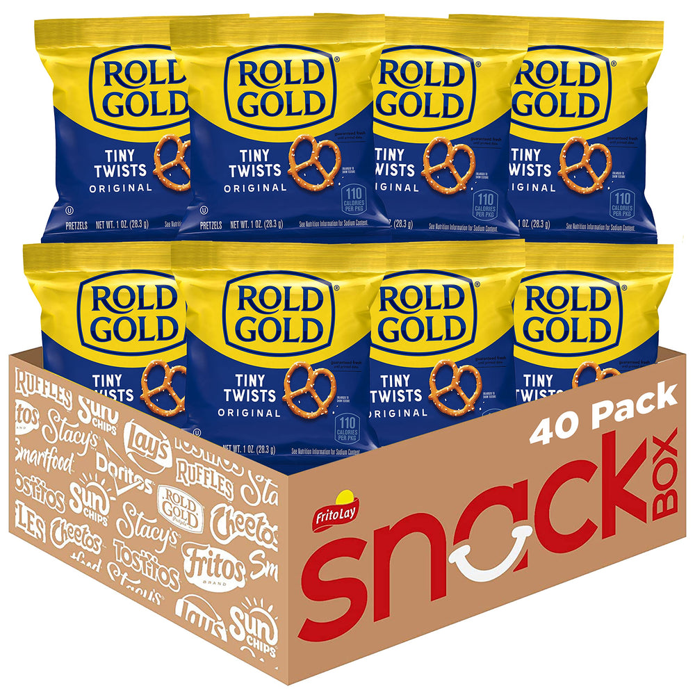 Rold Gold Tiny Twists 1 oz bags shown for grab-and-go snacking.