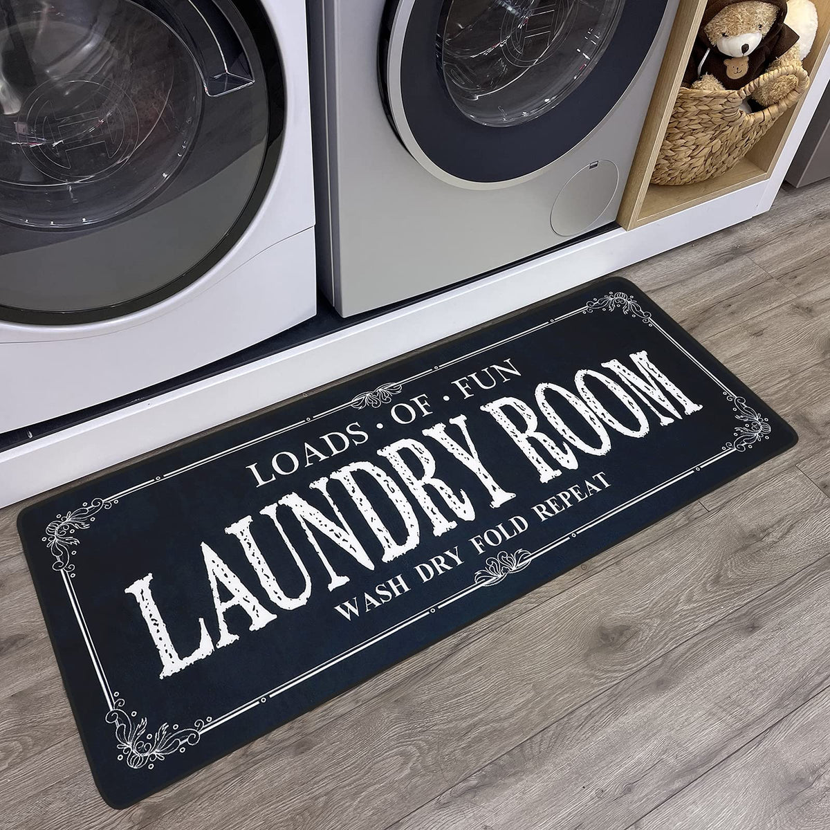 ROMAMIGO laundry runner in black, front view, adds farmhouse style and anti-slip safety.