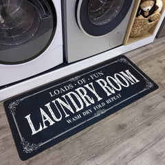 ROMAMIGO laundry runner in black, front view, adds farmhouse style and anti-slip safety.