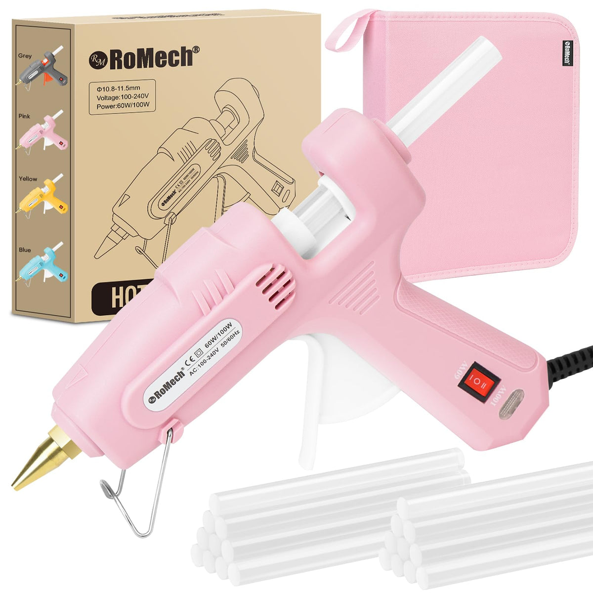 ROMECH dual-power hot glue gun in pink for versatile bonding and projects