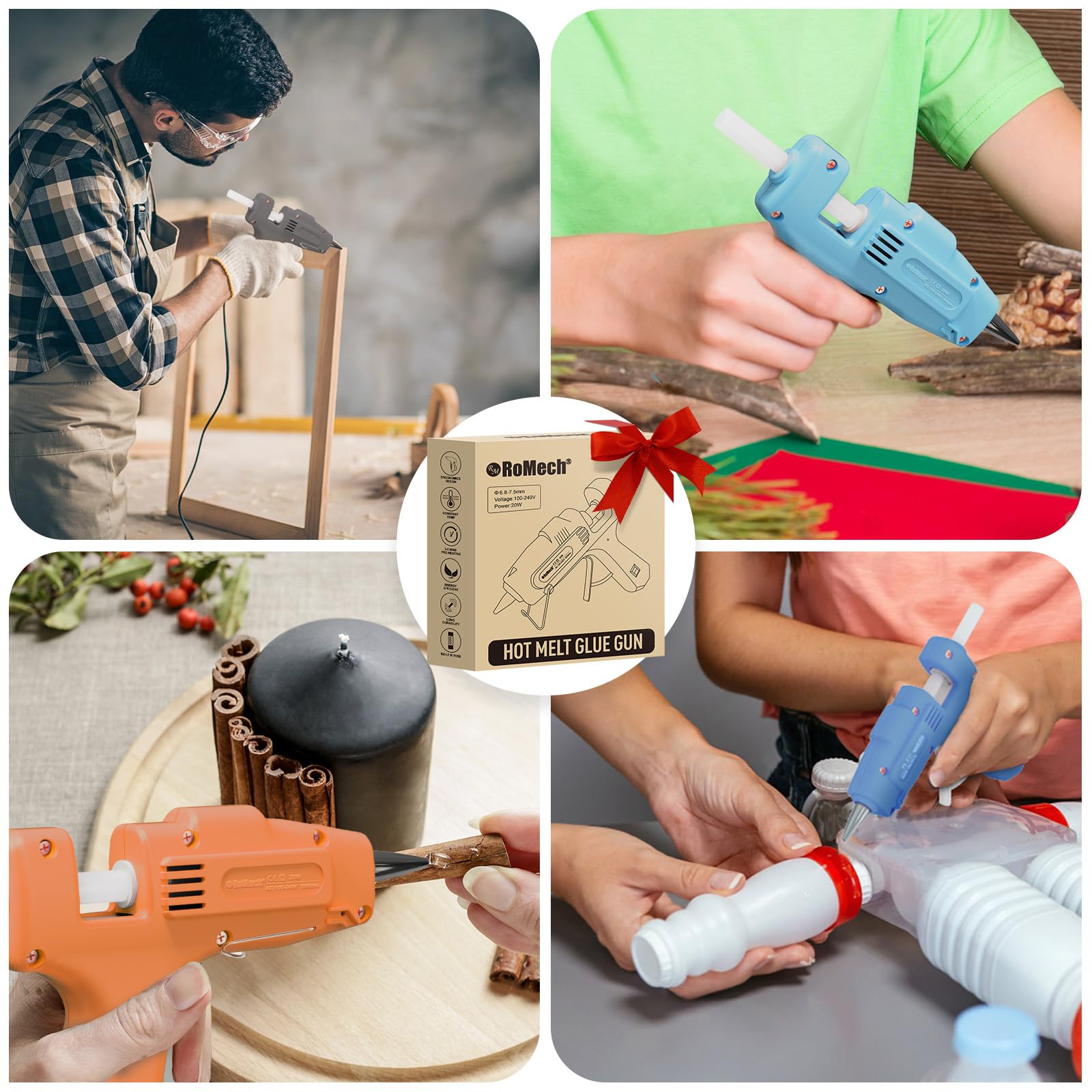 ROMECH glue gun in use for crafts and DIY tasks with clean adhesion.
