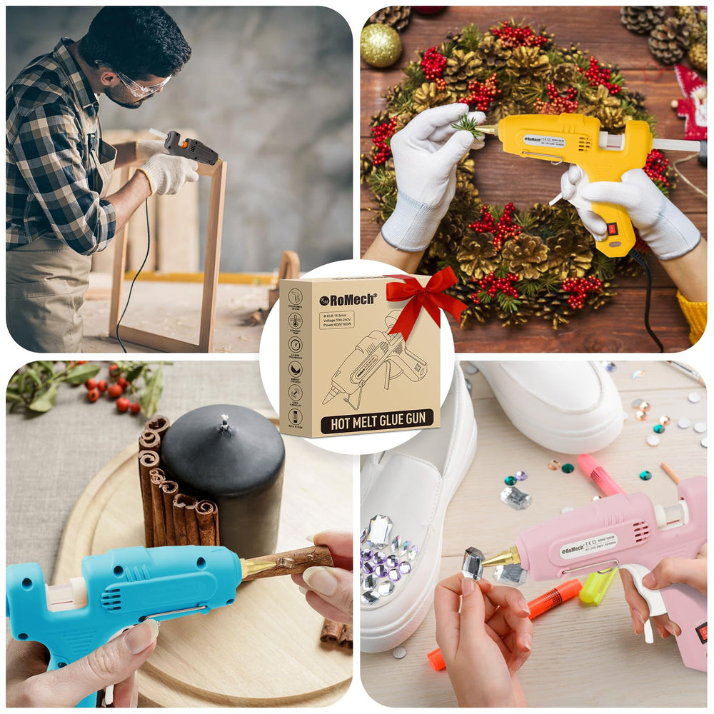 ROMECH glue gun kit with sticks and case ready for crafts and repairs.