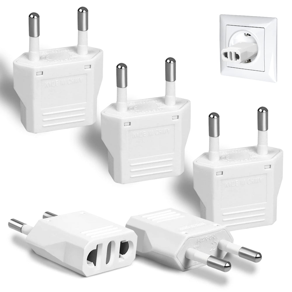 Romeda 6-pack US to Europe plug adapters in white for easy travel.