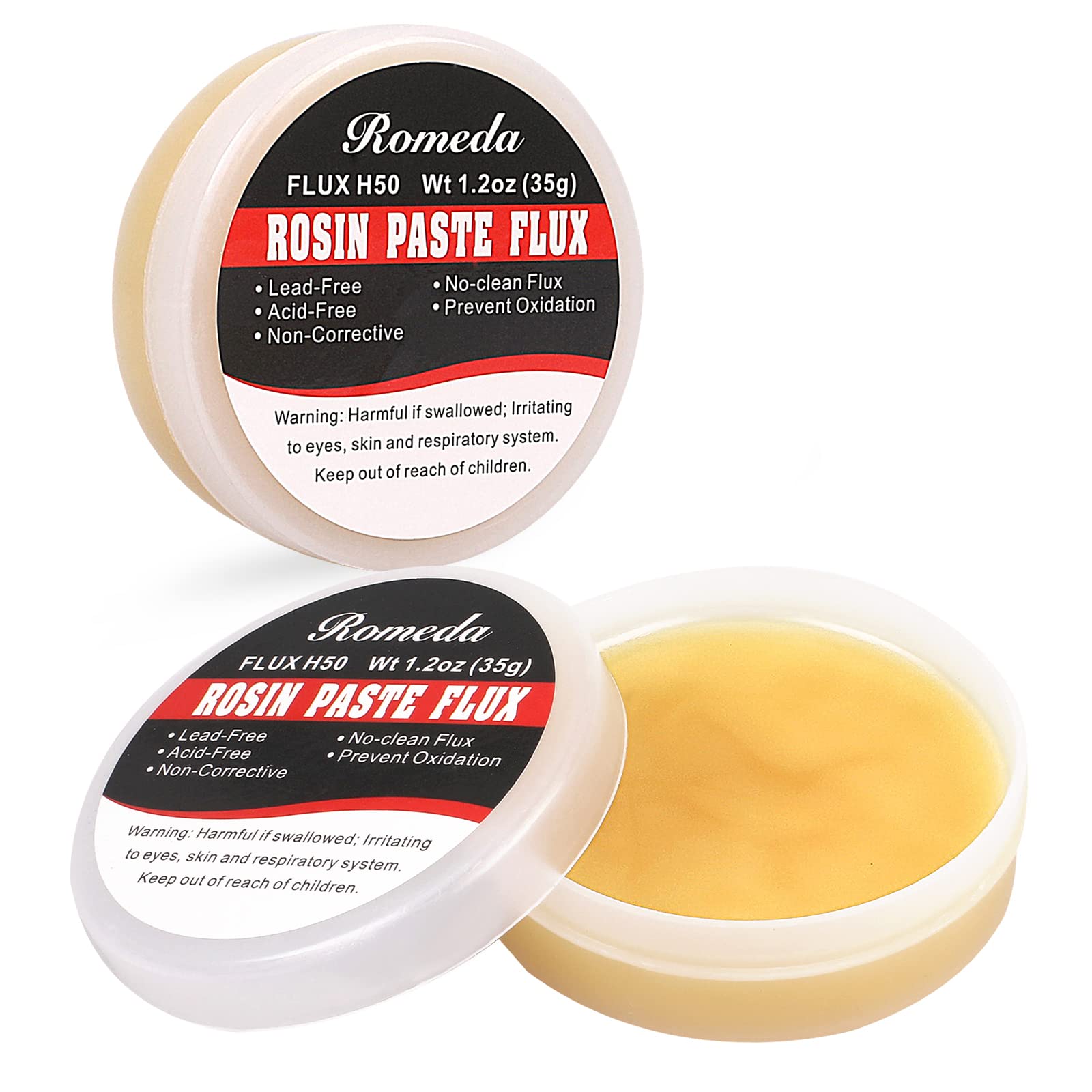 Romeda two-jar rosin solder flux paste close-up for easy storage