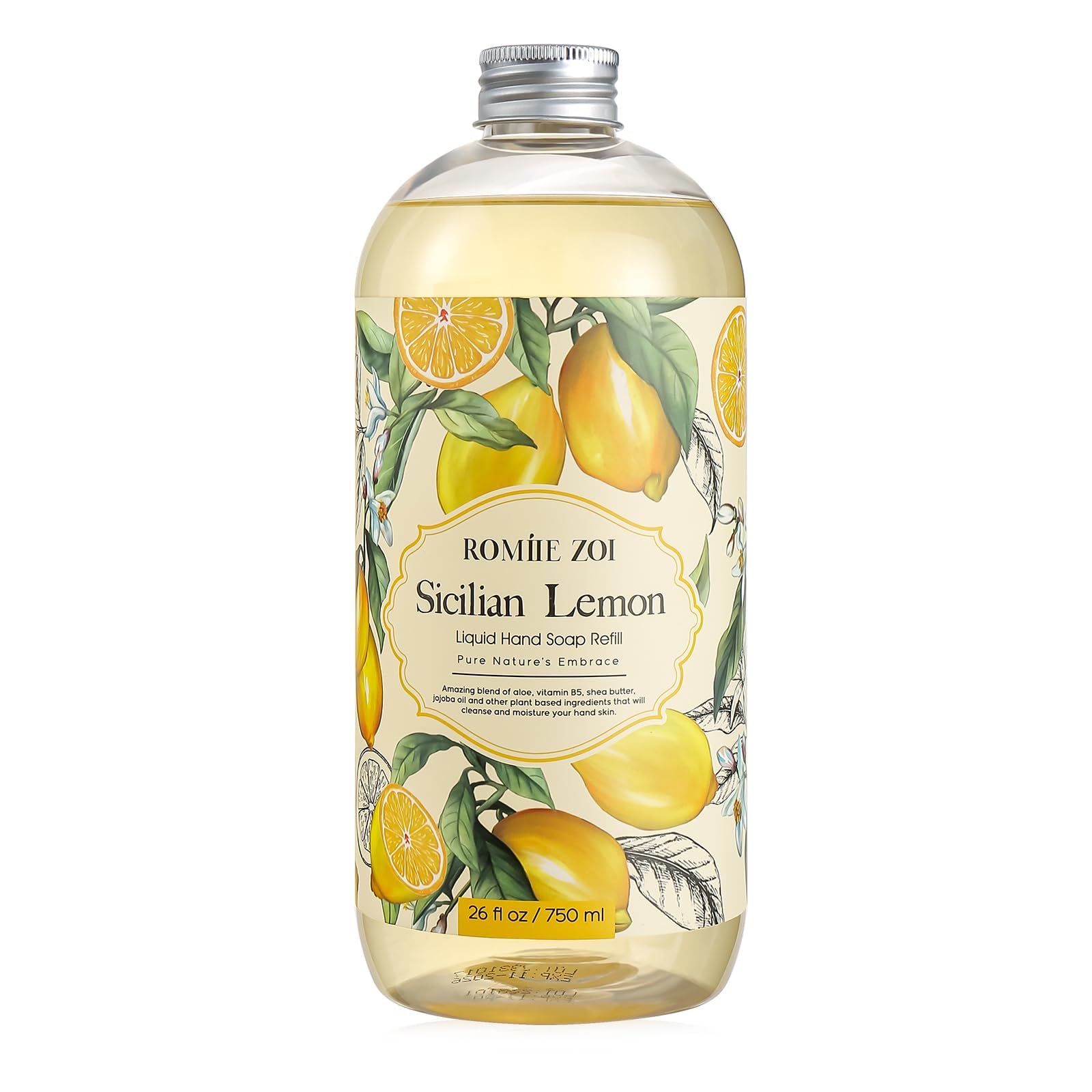 ROMIIE ZOI lemon hand soap refill bottle highlighting bright fragrance and moisturizing formula.