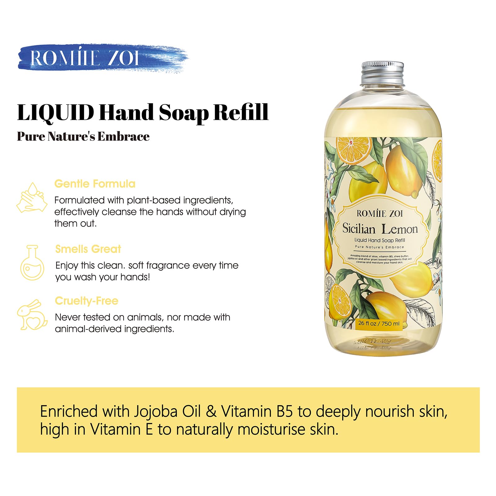 ROMIIE ZOI lemon hand soap refill closeup emphasizes gentle cleansing and nourishing oils.