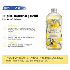 ROMIIE ZOI lemon hand soap refill closeup emphasizes gentle cleansing and nourishing oils.