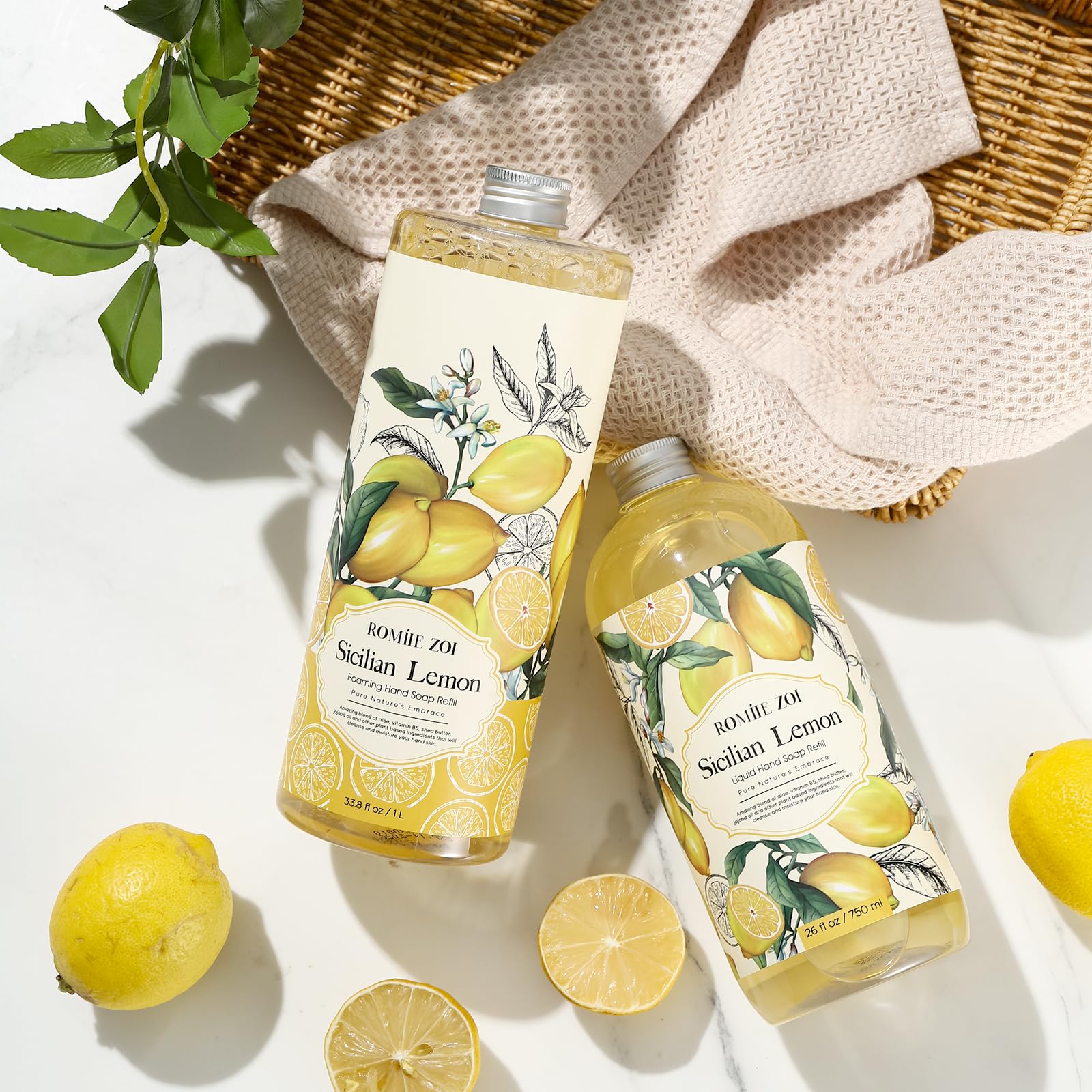 ROMIIE ZOI lemon hand soap refill ingredients panel highlights jojoba oil and Vitamin B5.