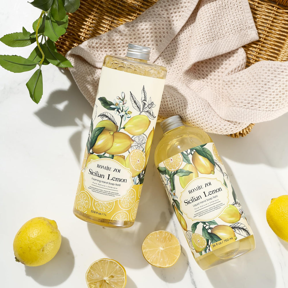 ROMIIE ZOI lemon hand soap refill ingredients panel highlights jojoba oil and Vitamin B5.