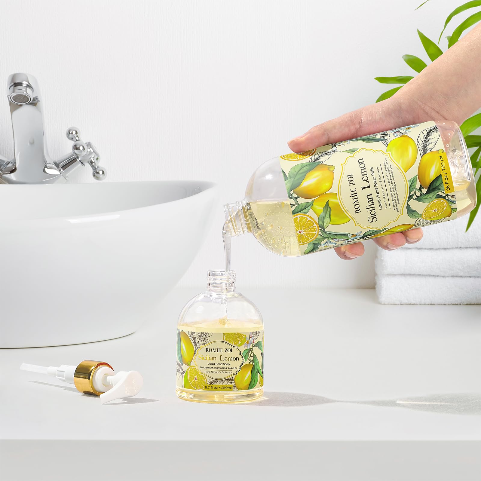 ROMIIE ZOI lemon hand soap refill on sink demonstrates convenient refill routine.