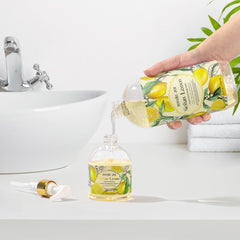 ROMIIE ZOI lemon hand soap refill on sink demonstrates convenient refill routine.
