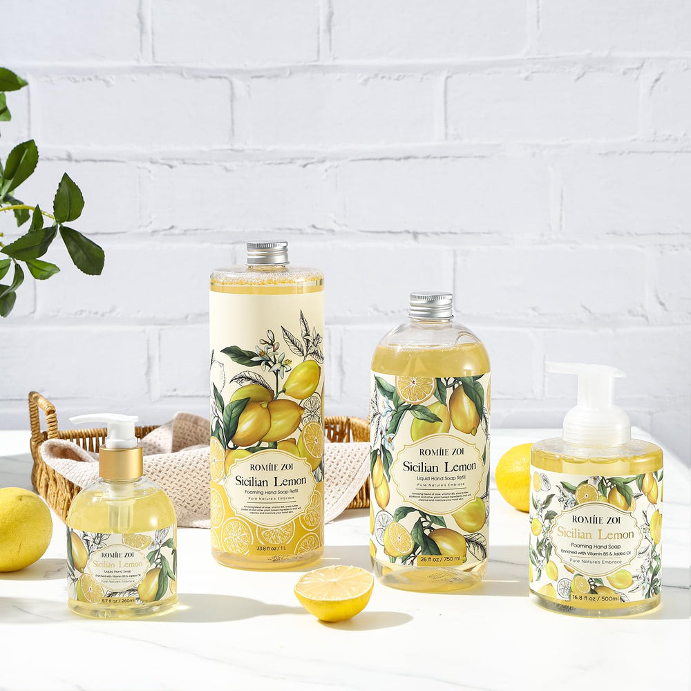 ROMIIE ZOI lemon hand soap refill pour spout image highlights mess-free refills.