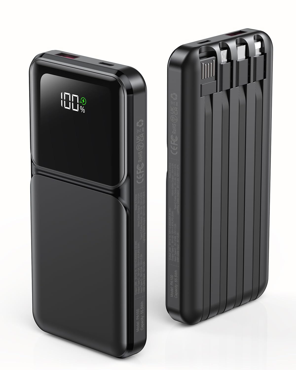 RONEGN portable charger with built-in cables for convenient travel charging.