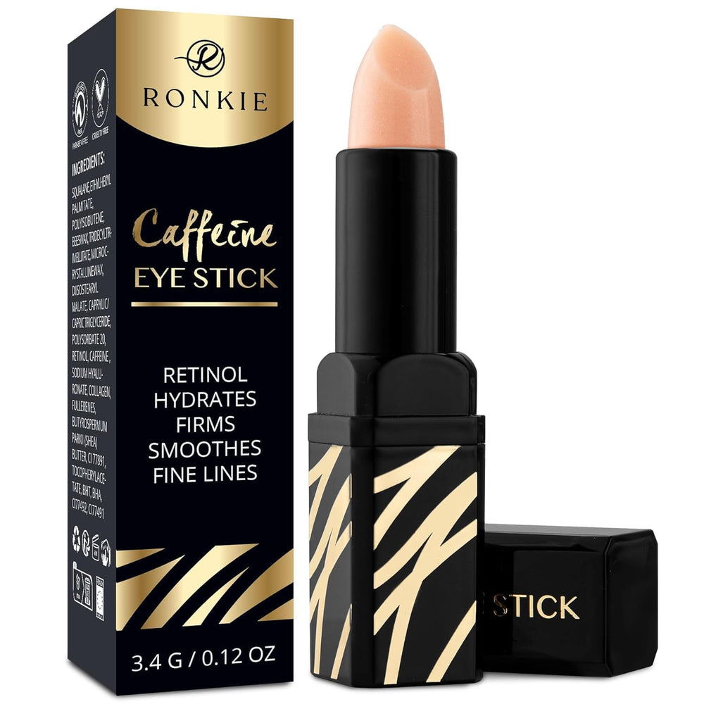RONKIE Caffeine Eye-Stick applying brightening formula to the eye area for a refreshed look.
