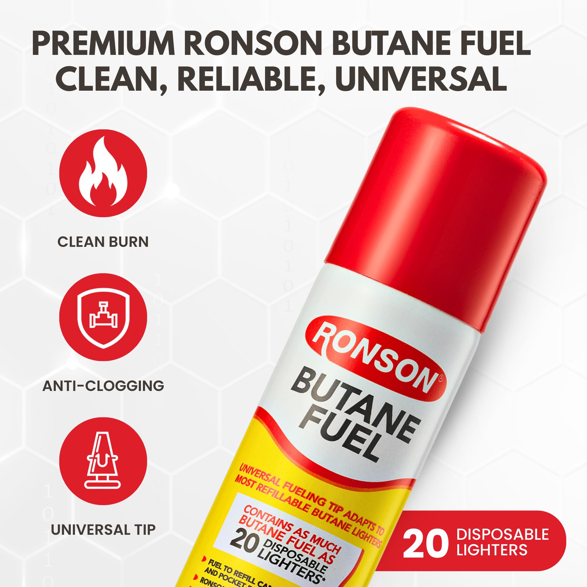 Ronson 75ml universal-tip refills fit most lighters for quick fueling.