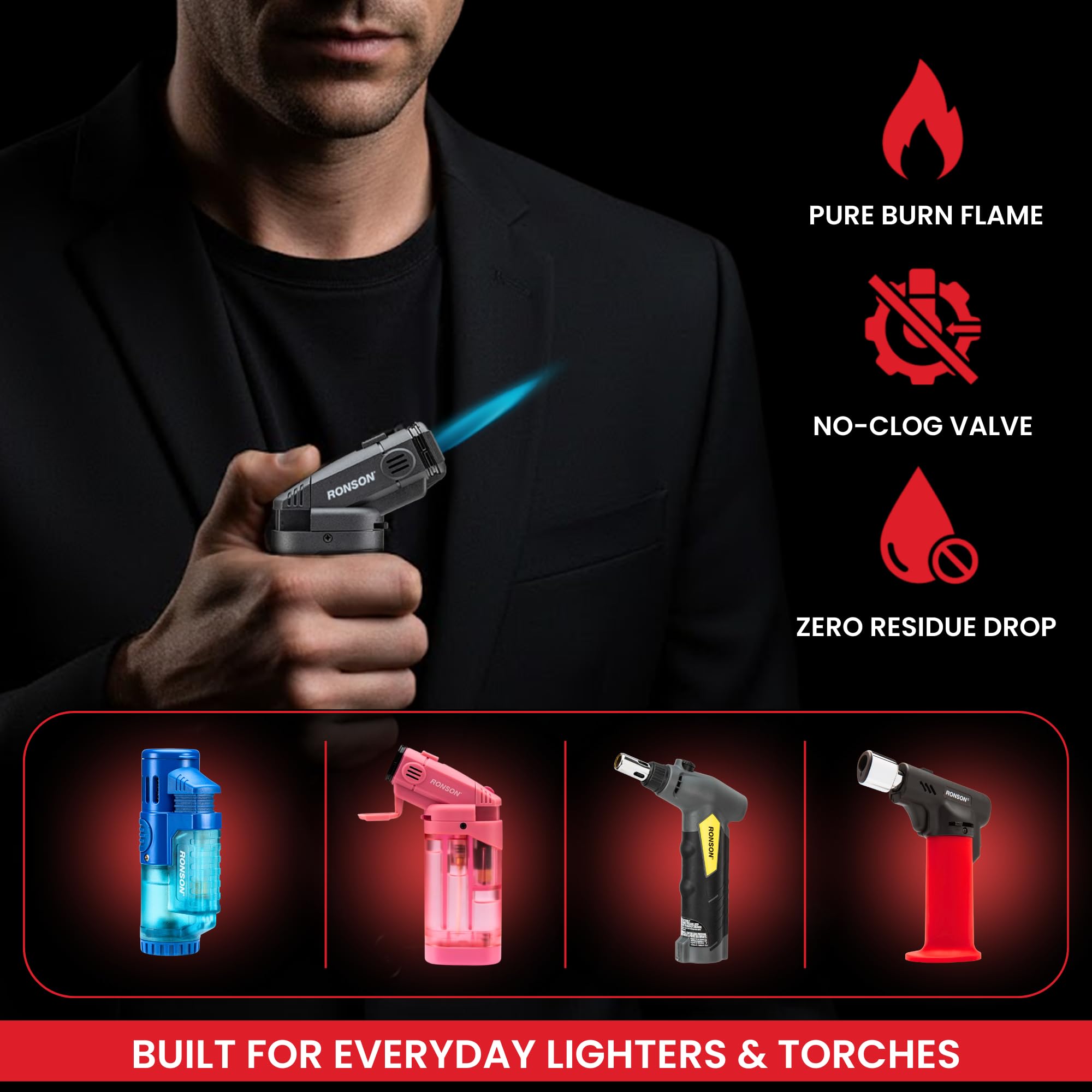 Ronson quick ignition with universal tip and consistent burn.