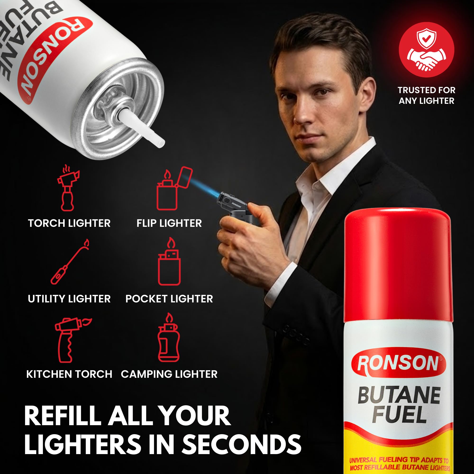 Ronson 75ml can ideal for camping and outdoor lighter use.