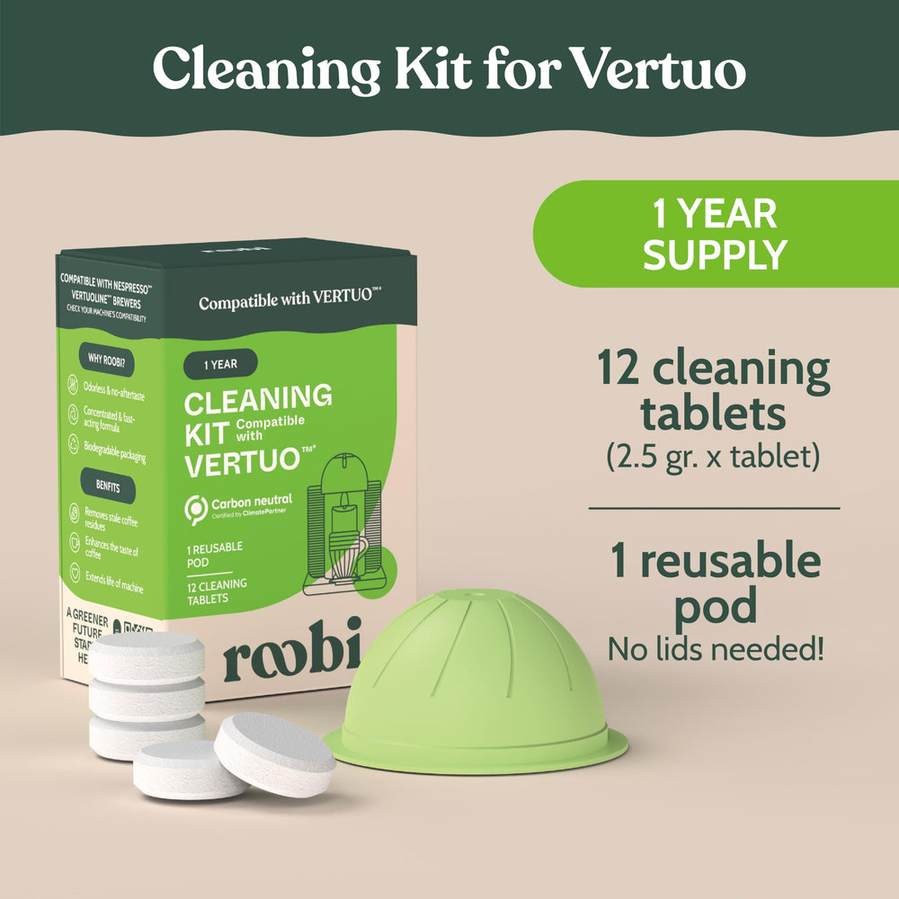 Roobi Cleaning Kit tablet closeup highlights cleansing tablets for optimal VertuoLine performance