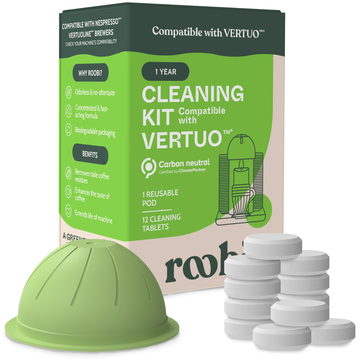Roobi Cleaning Kit Vertuo cleaner hero shows an eco-friendly solution for fresh coffee