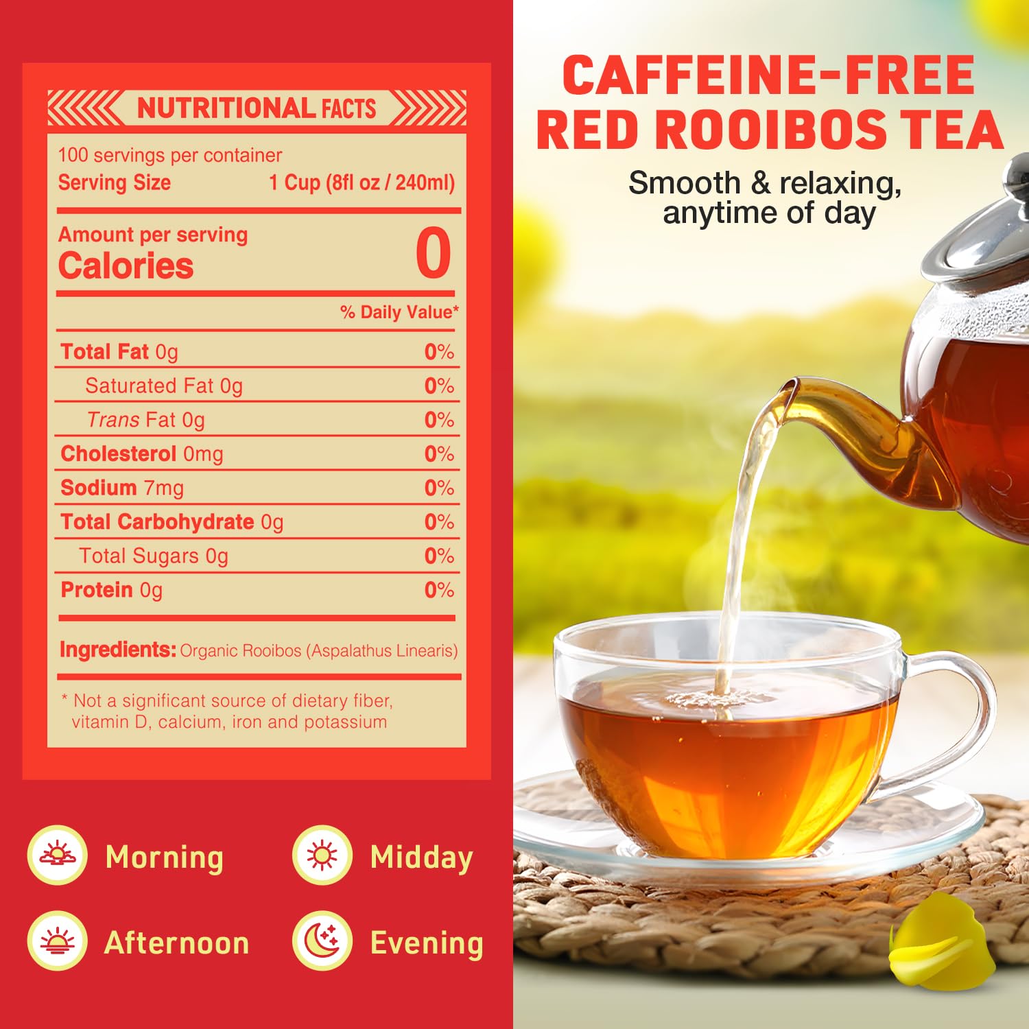 ROOIBOS ROCKS tea bag steeping in hot cup showing caffeine-free option.