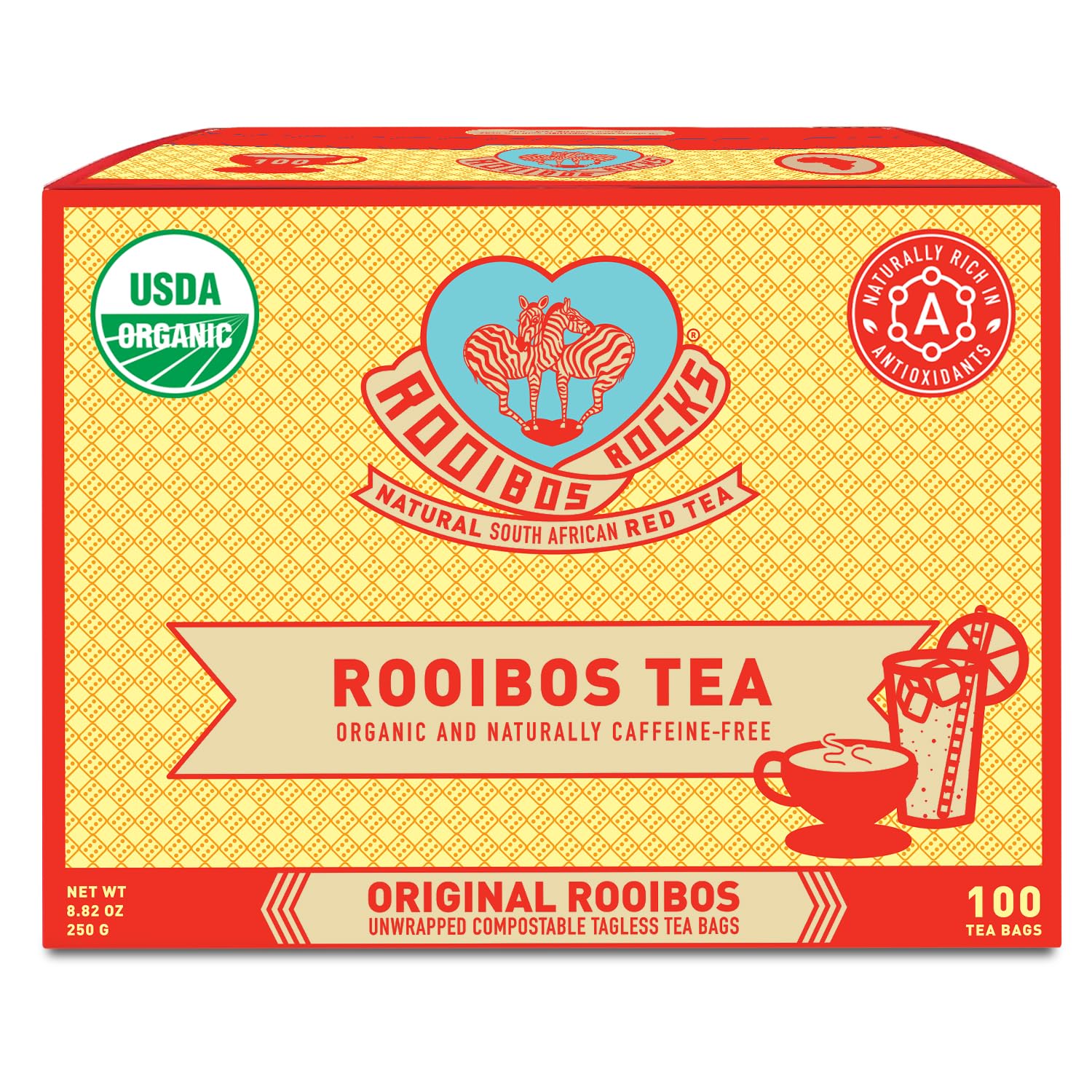 ROOIBOS ROCKS tea bags in packaging highlighting organic, sustainable ingredients.